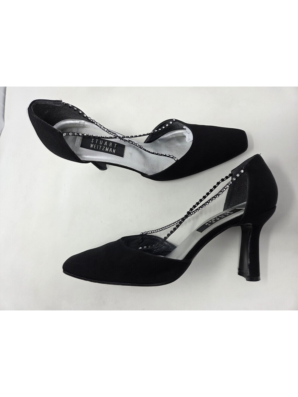 Stuart Weitzman Black Fabric Rhinestone Strap Heels 9.5 M